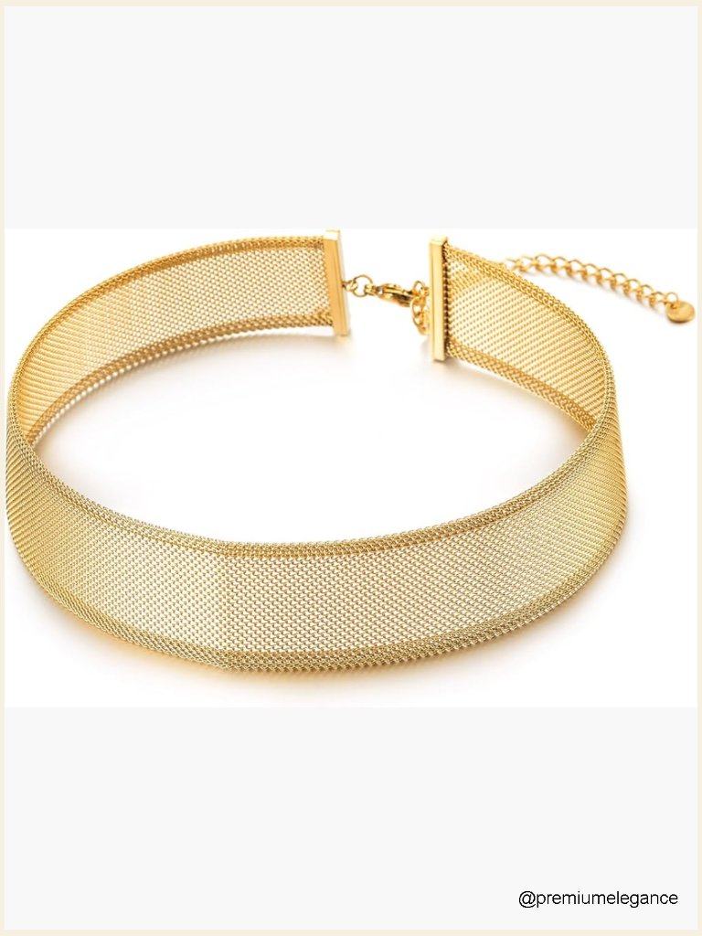 Gold Tone Mesh Choker Necklace Adjustable Lobster Clasp